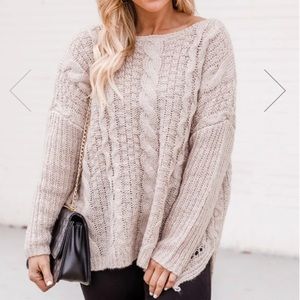 Pink Lily Alone with You Taupe Cable Knit Sweater